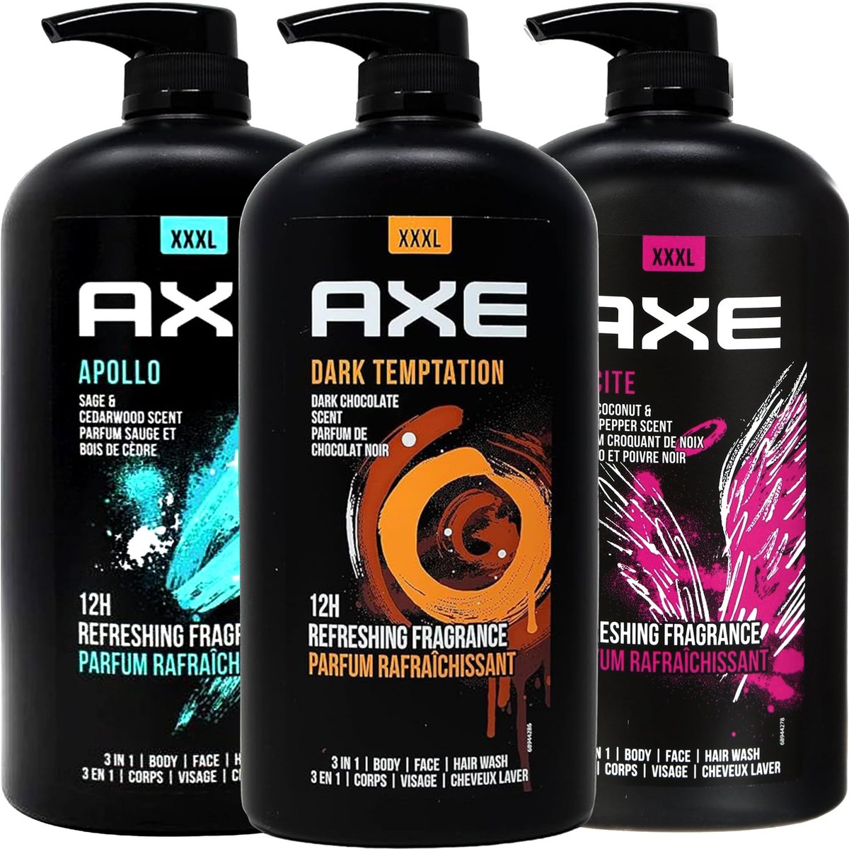 AXE Men's Body Wash Variety Pack - Dark Temptation, Apollo & Excite - 3-Pack of 33.8 oz Pump Bottles - 3-in-1 Body, Face & Hair Wash Avelisse