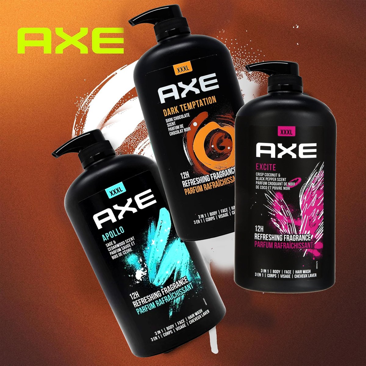 AXE Men's Body Wash Variety Pack - Dark Temptation, Apollo & Excite - 3-Pack of 33.8 oz Pump Bottles - 3-in-1 Body, Face & Hair Wash Avelisse