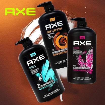 AXE Men's Body Wash Variety Pack - Dark Temptation, Apollo & Excite - 3-Pack of 33.8 oz Pump Bottles - 3-in-1 Body, Face & Hair Wash Avelisse