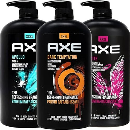 AXE Men's Body Wash Variety Pack - Dark Temptation, Apollo & Excite - 3-Pack of 33.8 oz Pump Bottles - 3-in-1 Body, Face & Hair Wash Avelisse