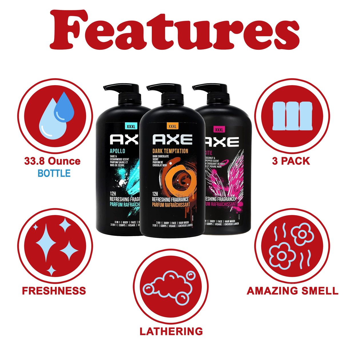 AXE Men's Body Wash Variety Pack - Dark Temptation, Apollo & Excite - 3-Pack of 33.8 oz Pump Bottles - 3-in-1 Body, Face & Hair Wash Avelisse