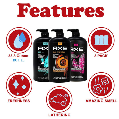 AXE Men's Body Wash Variety Pack - Dark Temptation, Apollo & Excite - 3-Pack of 33.8 oz Pump Bottles - 3-in-1 Body, Face & Hair Wash Avelisse