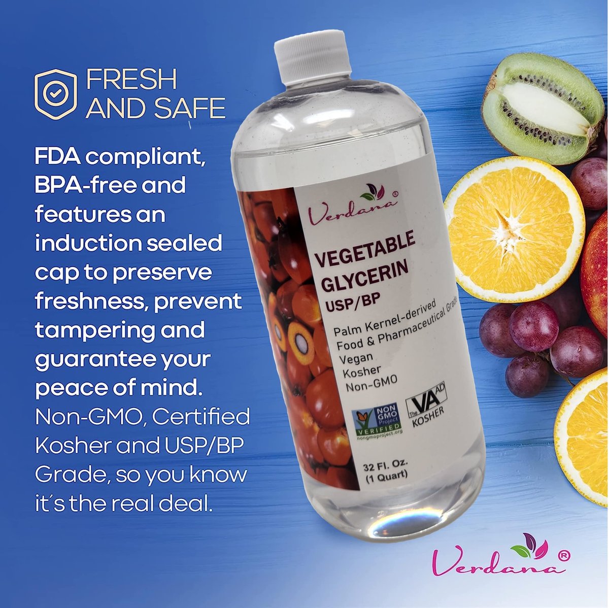 Verdana Vegetable Glycerin – USP, Food Grade, Palm-Derived, Soy-Free – Liquid Glycerin for Personal Care, Cosmetic & Formulation Use – Non-GMO, Vegan – 32 fl oz Avelisse
