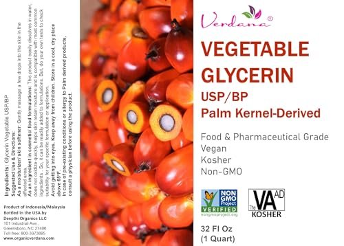Verdana Vegetable Glycerin – USP, Food Grade, Palm-Derived, Soy-Free – Liquid Glycerin for Personal Care, Cosmetic & Formulation Use – Non-GMO, Vegan – 32 fl oz Avelisse