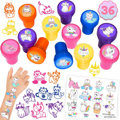 36-Pack Caticorn Party Favors: 24 Temporary Tattoos & 12 Stamps – Cat Unicorn Themed Birthday Supplies for Kids, Classroom Rewards, and Baby Shower Goodie Bags Avelisse