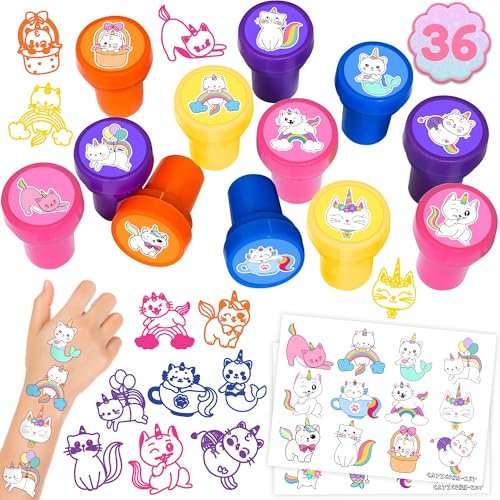 36-Pack Caticorn Party Favors: 24 Temporary Tattoos & 12 Stamps – Cat Unicorn Themed Birthday Supplies for Kids, Classroom Rewards, and Baby Shower Goodie Bags Avelisse