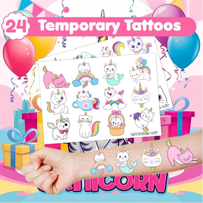 36-Pack Caticorn Party Favors: 24 Temporary Tattoos & 12 Stamps – Cat Unicorn Themed Birthday Supplies for Kids, Classroom Rewards, and Baby Shower Goodie Bags Avelisse