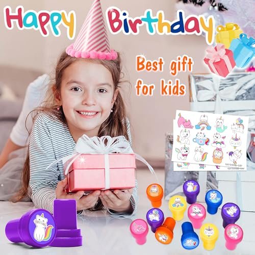 36-Pack Caticorn Party Favors: 24 Temporary Tattoos & 12 Stamps – Cat Unicorn Themed Birthday Supplies for Kids, Classroom Rewards, and Baby Shower Goodie Bags Avelisse