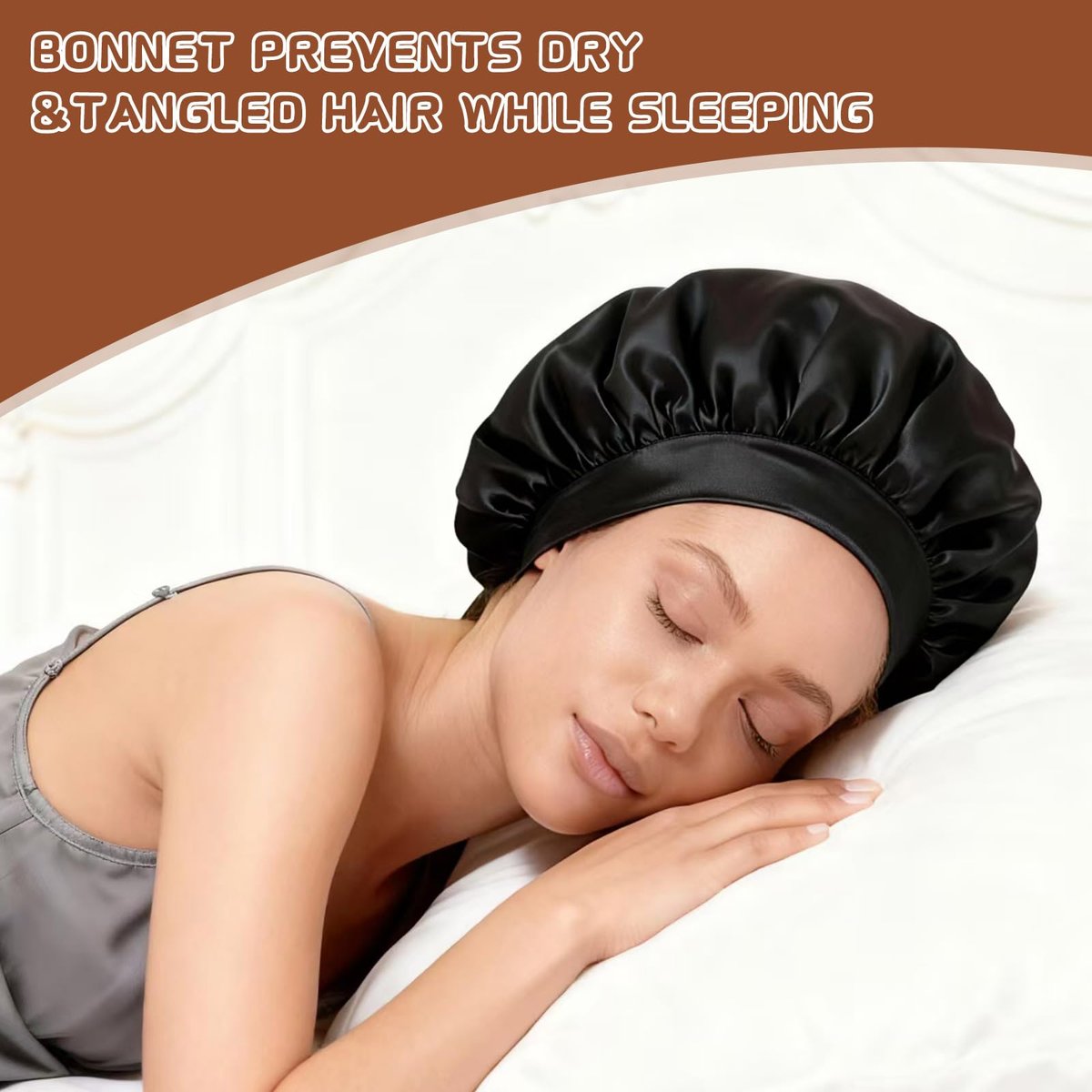 2-Pack Satin Hair Bonnets for Sleeping - Soft Elastic Band Silk Sleep Cap, Hair Wrap for Women (Gold Black) - görsel 3