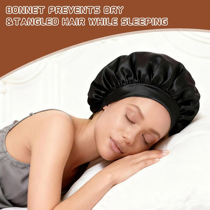 2-Pack Satin Hair Bonnets for Sleeping - Soft Elastic Band Silk Sleep Cap, Hair Wrap for Women (Gold Black)