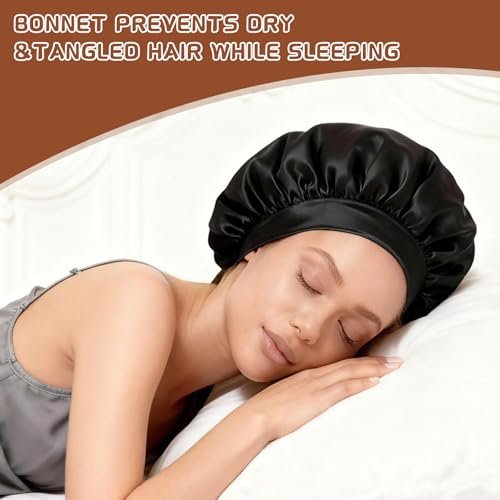 2-Pack Satin Hair Bonnets for Sleeping - Soft Elastic Band Silk Sleep Cap, Hair Wrap for Women (Gold Black) - görsel 4