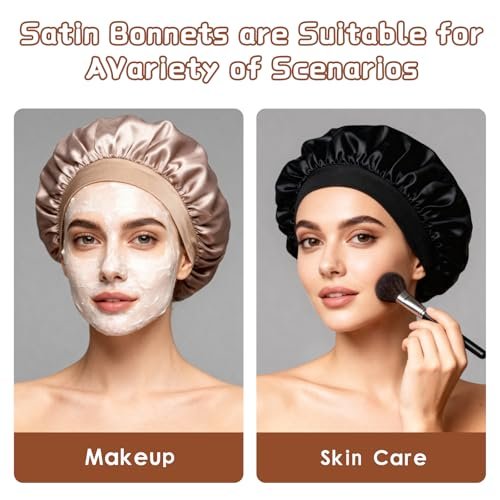 2-Pack Satin Hair Bonnets for Sleeping - Soft Elastic Band Silk Sleep Cap, Hair Wrap for Women (Gold Black) - görsel 12