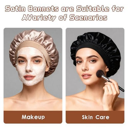 2-Pack Satin Hair Bonnets for Sleeping - Soft Elastic Band Silk Sleep Cap, Hair Wrap for Women (Gold Black)