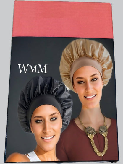 2-Pack Satin Hair Bonnets for Sleeping - Soft Elastic Band Silk Sleep Cap, Hair Wrap for Women (Gold Black)
