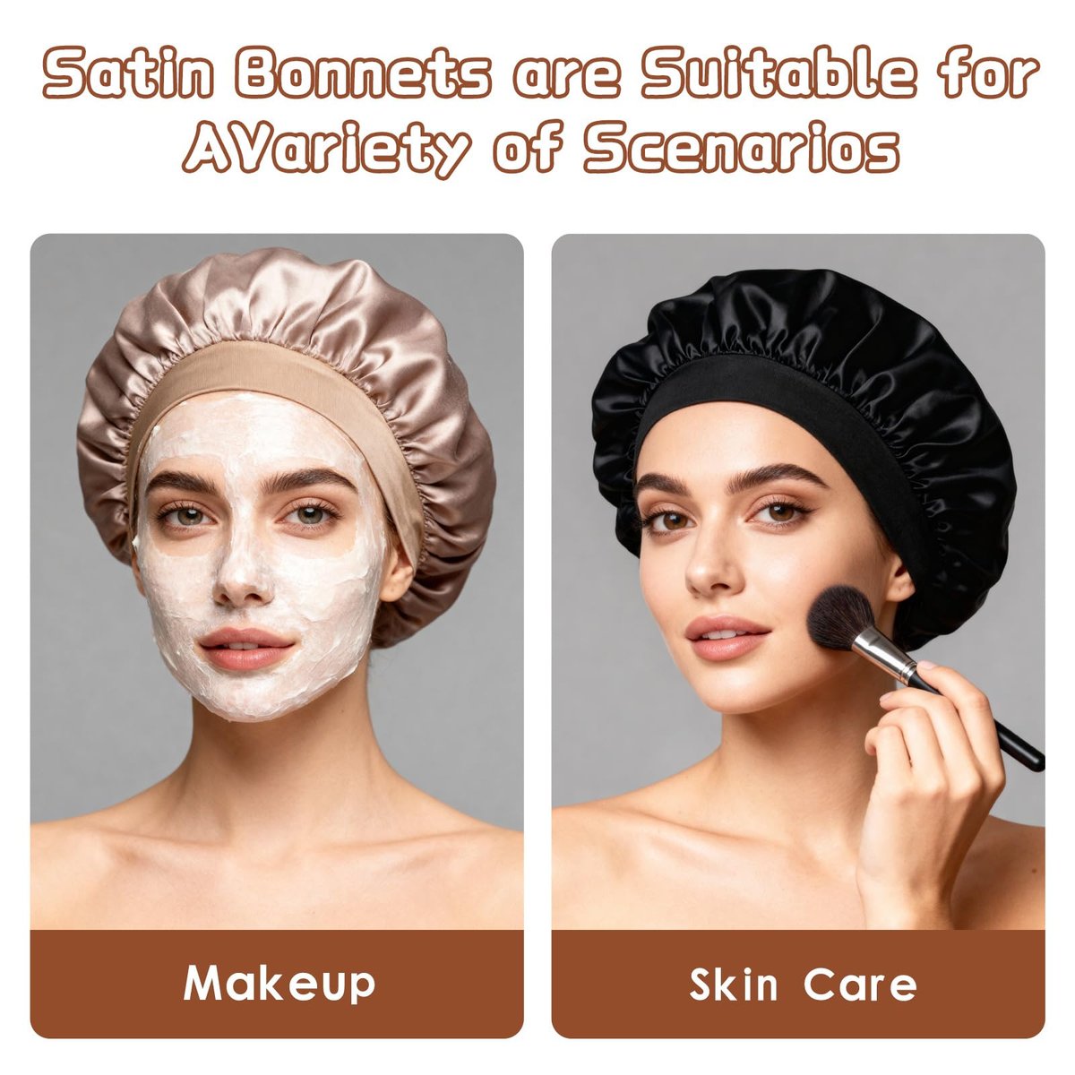 2-Pack Satin Hair Bonnets for Sleeping - Soft Elastic Band Silk Sleep Cap, Hair Wrap for Women (Gold Black) - görsel 11