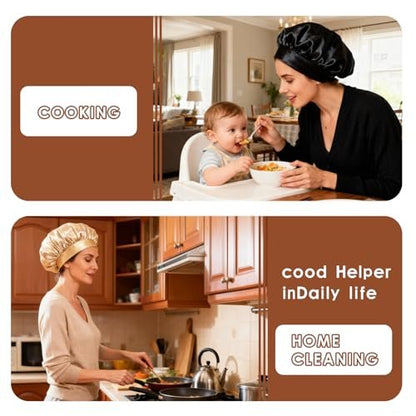 2-Pack Satin Hair Bonnets for Sleeping - Soft Elastic Band Silk Sleep Cap, Hair Wrap for Women (Gold Black)
