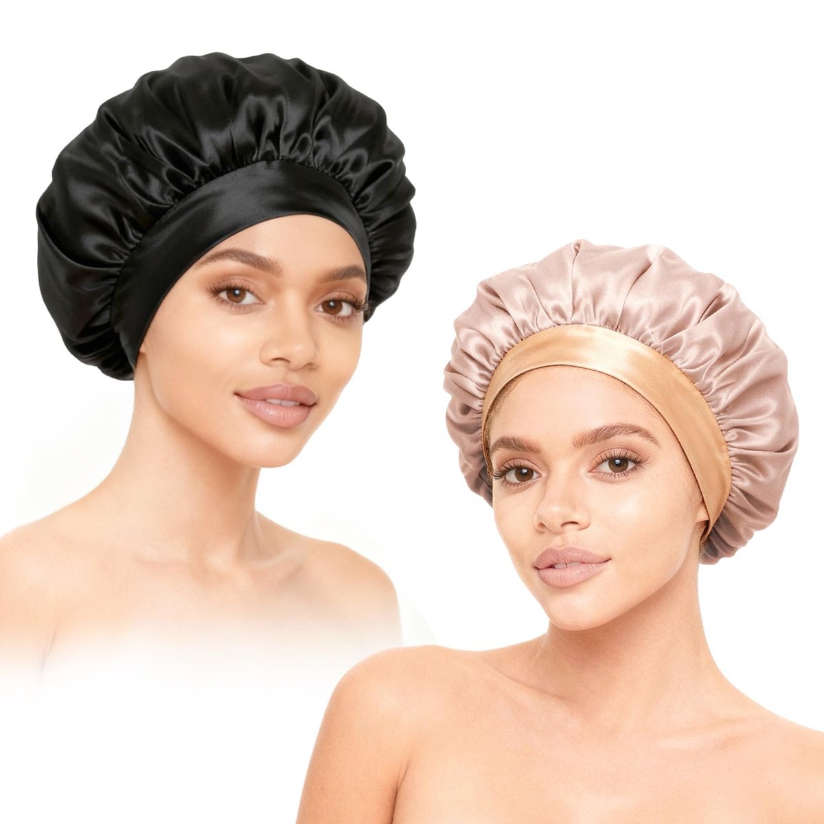 2-Pack Satin Hair Bonnets for Sleeping - Soft Elastic Band Silk Sleep Cap, Hair Wrap for Women (Gold Black) - görsel 1