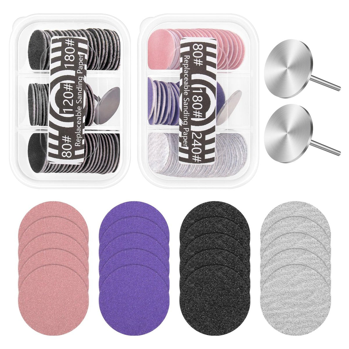 BELICOO 120 Pcs Sanding Paper Discs with 2 Metal Bits, 80/120/180/240 Grit, 25mm Round Replacement Sanding Discs for Electric Nail File, Foot Callus Remover Avelisse