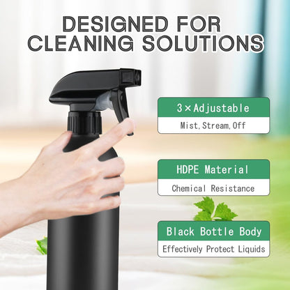 DMuuuDM 500ml/16 Oz Plastic Spray Bottles, Empty Heavy Duty Adjustable Fine Mist and Stream Container for Home Garden Plant, Essential Oils, Hair, Household Cleaning Solutions - Black, 6 Pack Avelisse