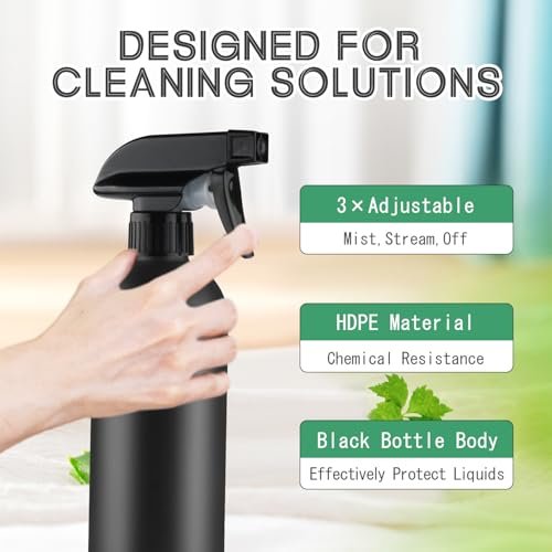 DMuuuDM 500ml/16 Oz Plastic Spray Bottles, Empty Heavy Duty Adjustable Fine Mist and Stream Container for Home Garden Plant, Essential Oils, Hair, Household Cleaning Solutions - Black, 6 Pack Avelisse