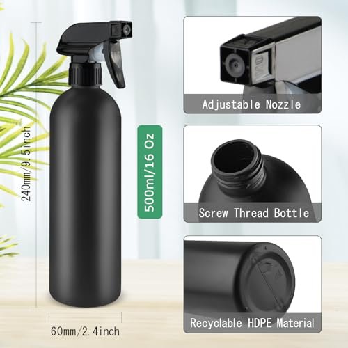 DMuuuDM 500ml/16 Oz Plastic Spray Bottles, Empty Heavy Duty Adjustable Fine Mist and Stream Container for Home Garden Plant, Essential Oils, Hair, Household Cleaning Solutions - Black, 6 Pack Avelisse