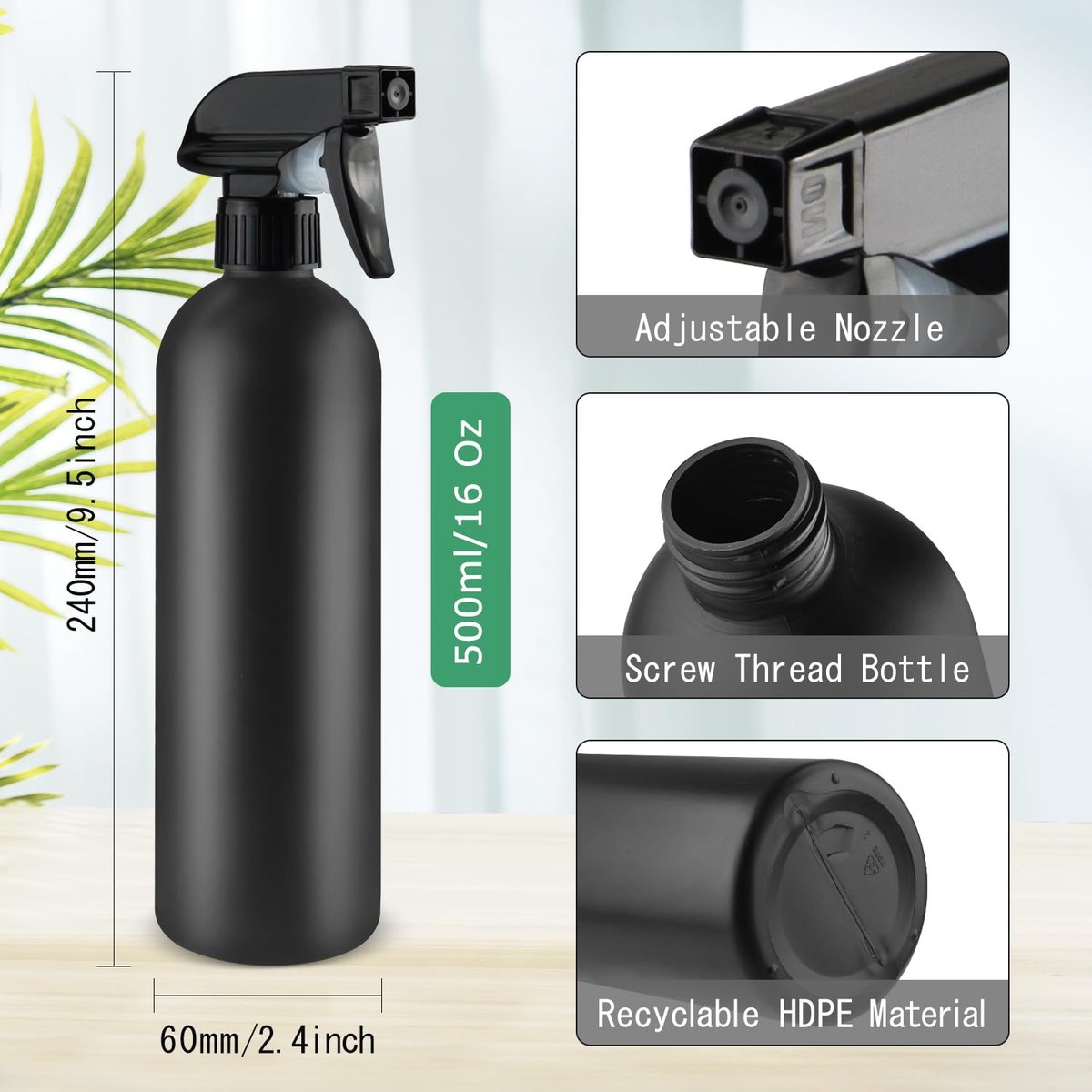 DMuuuDM 500ml/16 Oz Plastic Spray Bottles, Empty Heavy Duty Adjustable Fine Mist and Stream Container for Home Garden Plant, Essential Oils, Hair, Household Cleaning Solutions - Black, 6 Pack Avelisse
