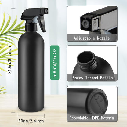 DMuuuDM 500ml/16 Oz Plastic Spray Bottles, Empty Heavy Duty Adjustable Fine Mist and Stream Container for Home Garden Plant, Essential Oils, Hair, Household Cleaning Solutions - Black, 6 Pack Avelisse