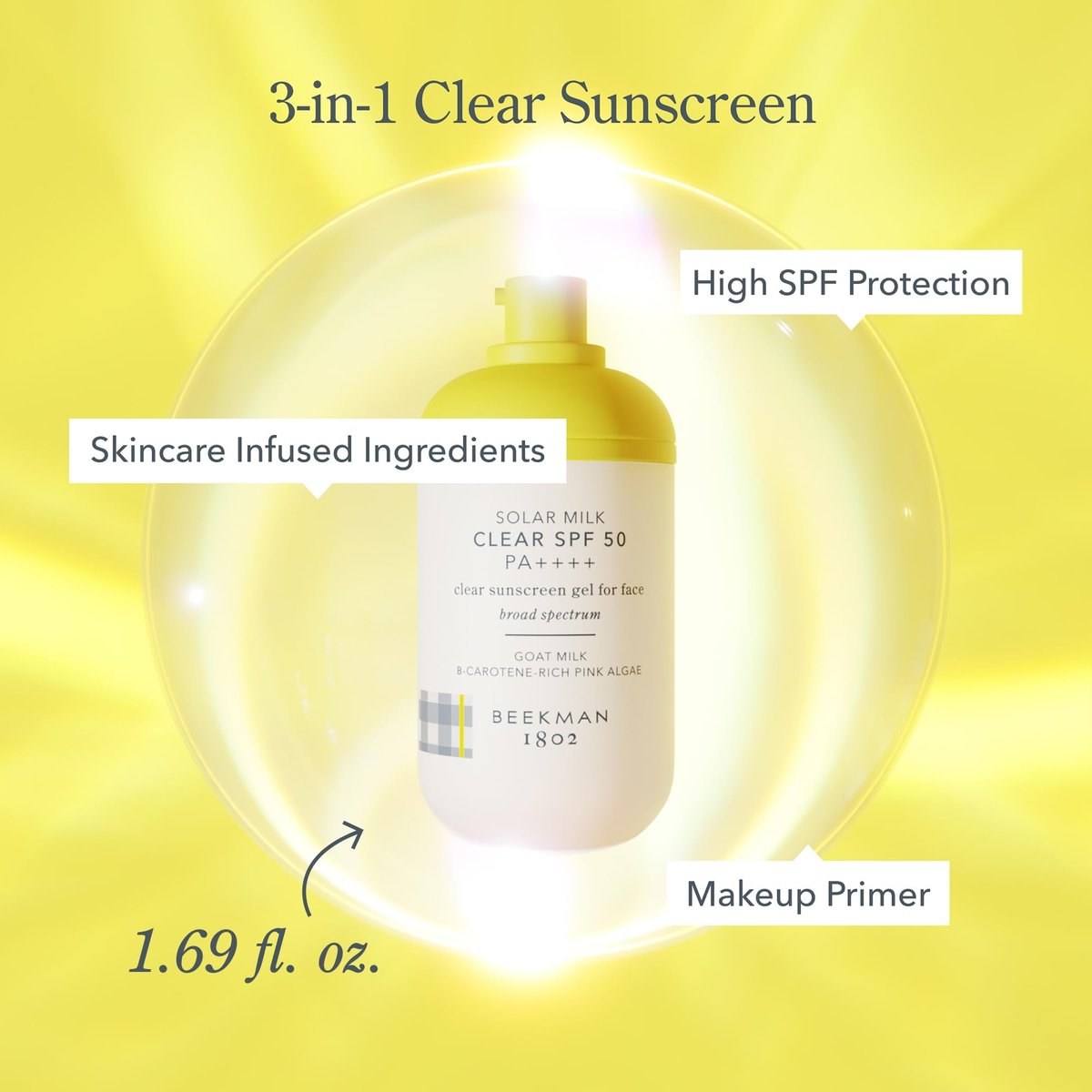 Beekman 1802 Solar Milk 3-in-1 Weightless Clear SPF 50 Face Sunscreen - 1.69 fl oz - Broad Spectrum UVA/UVB Protection + Makeup Primer, Non-Greasy Gel with Goat Milk, For All Skin Types & Tones Avelisse