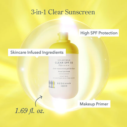 Beekman 1802 Solar Milk 3-in-1 Weightless Clear SPF 50 Face Sunscreen - 1.69 fl oz - Broad Spectrum UVA/UVB Protection + Makeup Primer, Non-Greasy Gel with Goat Milk, For All Skin Types & Tones Avelisse