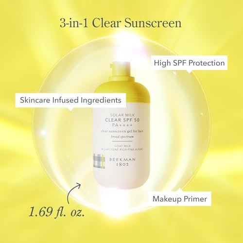 Beekman 1802 Solar Milk 3-in-1 Weightless Clear SPF 50 Face Sunscreen - 1.69 fl oz - Broad Spectrum UVA/UVB Protection + Makeup Primer, Non-Greasy Gel with Goat Milk, For All Skin Types & Tones Avelisse