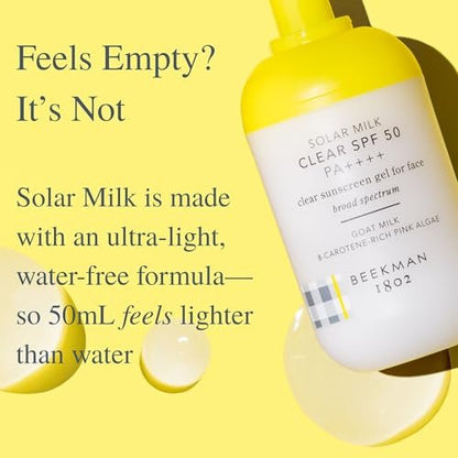 Beekman 1802 Solar Milk 3-in-1 Weightless Clear SPF 50 Face Sunscreen - 1.69 fl oz - Broad Spectrum UVA/UVB Protection + Makeup Primer, Non-Greasy Gel with Goat Milk, For All Skin Types & Tones Avelisse
