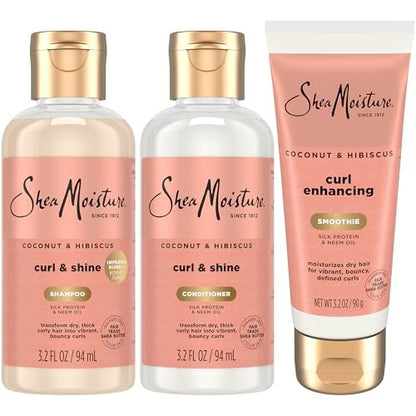 SheaMoisture Travel Essentials Hair Care Bundle: Coconut & Hibiscus Curl & Shine Shampoo, Conditioner & Curl Enhancing Smoothie – 3.2 oz Each (Pack of 3)