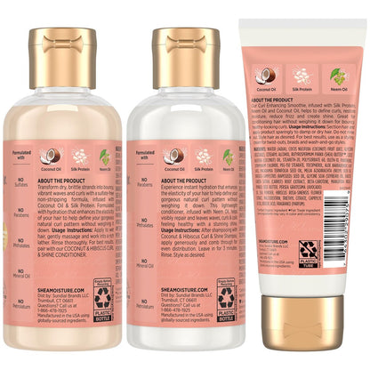 SheaMoisture Travel Essentials Hair Care Bundle: Coconut & Hibiscus Curl & Shine Shampoo, Conditioner & Curl Enhancing Smoothie – 3.2 oz Each (Pack of 3)