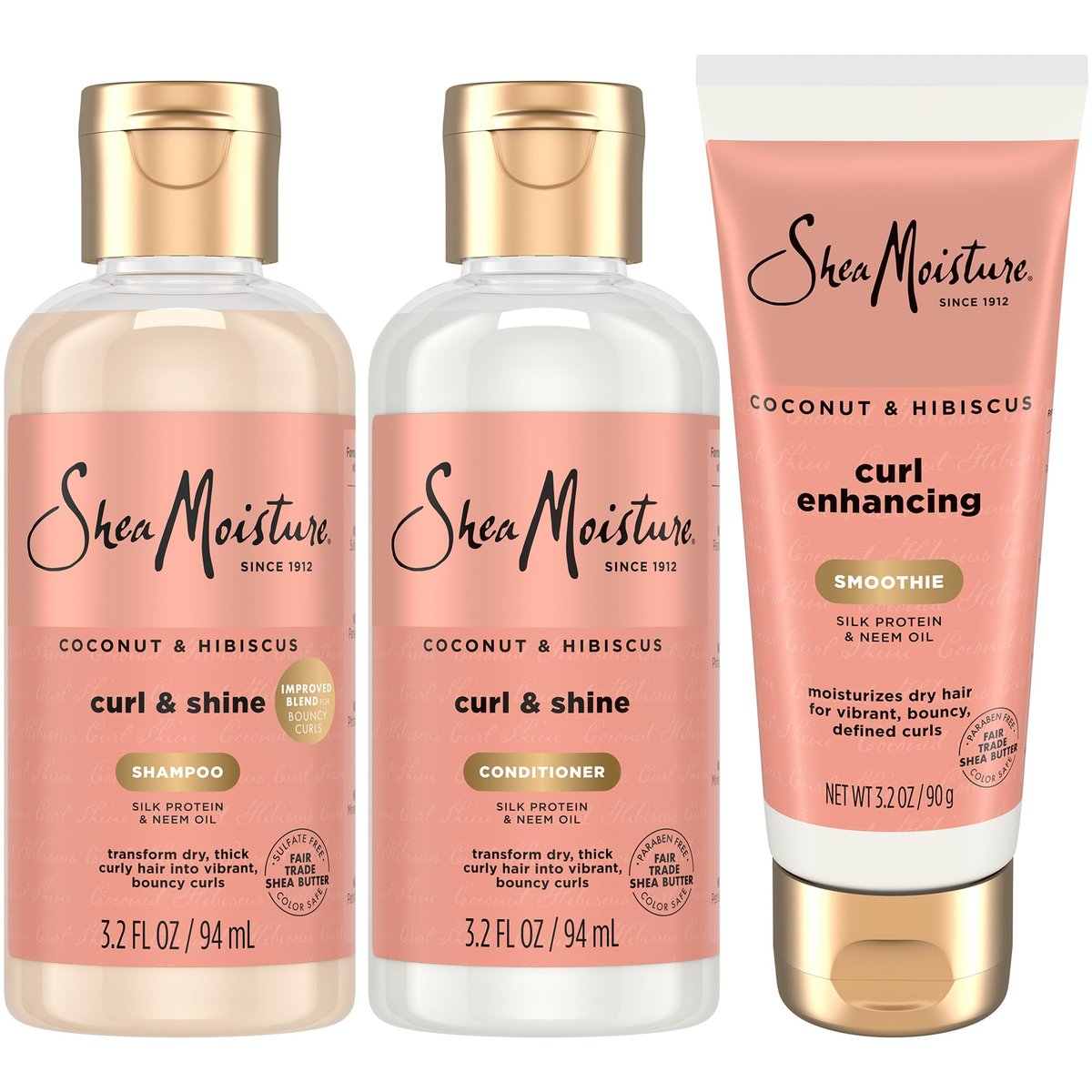 SheaMoisture Travel Essentials Hair Care Bundle: Coconut & Hibiscus Curl & Shine Shampoo, Conditioner & Curl Enhancing Smoothie – 3.2 oz Each (Pack of 3) - görsel 1