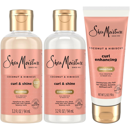 SheaMoisture Travel Essentials Hair Care Bundle: Coconut & Hibiscus Curl & Shine Shampoo, Conditioner & Curl Enhancing Smoothie – 3.2 oz Each (Pack of 3)