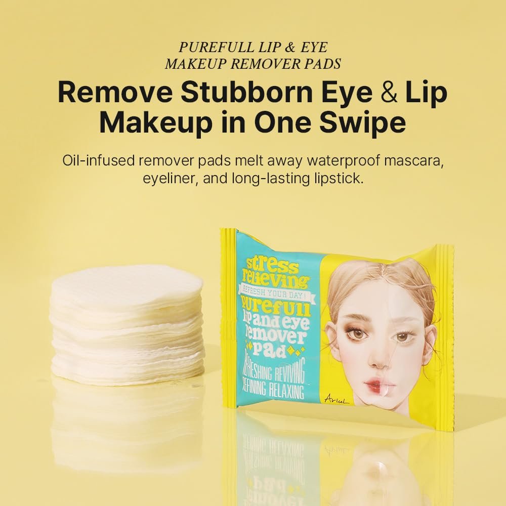 Ariul Purefull Lip & Eye Makeup Remover Pads – Oil-Infused Dual-Sided Pads, Gentle Exfoliation, Travel Friendly Compact Size, Korean Skincare (30 Pads x 3 Pack) Avelisse