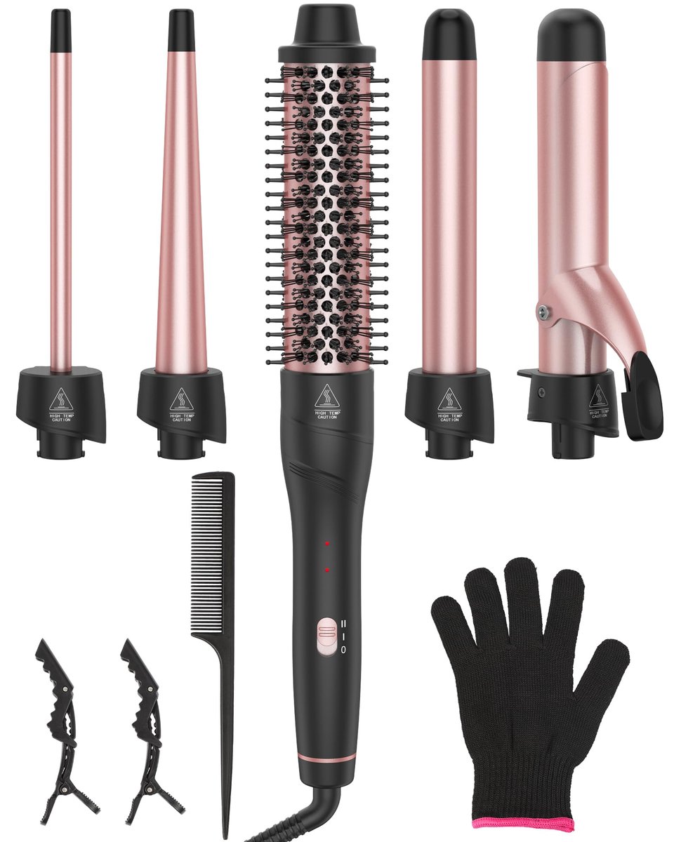 ANIEKIN 5 in 1 Curling Iron Set – Fast Heat Up Curling Wand with 4 Interchangeable Barrels (3/8 to 1 1/4 Inch) & Thermal Brush, Dual Voltage, Rose Gold – for All Hair Types, Travel & Gifts for Women Avelisse