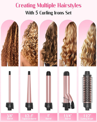 ANIEKIN 5 in 1 Curling Iron Set – Fast Heat Up Curling Wand with 4 Interchangeable Barrels (3/8 to 1 1/4 Inch) & Thermal Brush, Dual Voltage, Rose Gold – for All Hair Types, Travel & Gifts for Women Avelisse