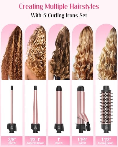 ANIEKIN 5 in 1 Curling Iron Set – Fast Heat Up Curling Wand with 4 Interchangeable Barrels (3/8 to 1 1/4 Inch) & Thermal Brush, Dual Voltage, Rose Gold – for All Hair Types, Travel & Gifts for Women Avelisse