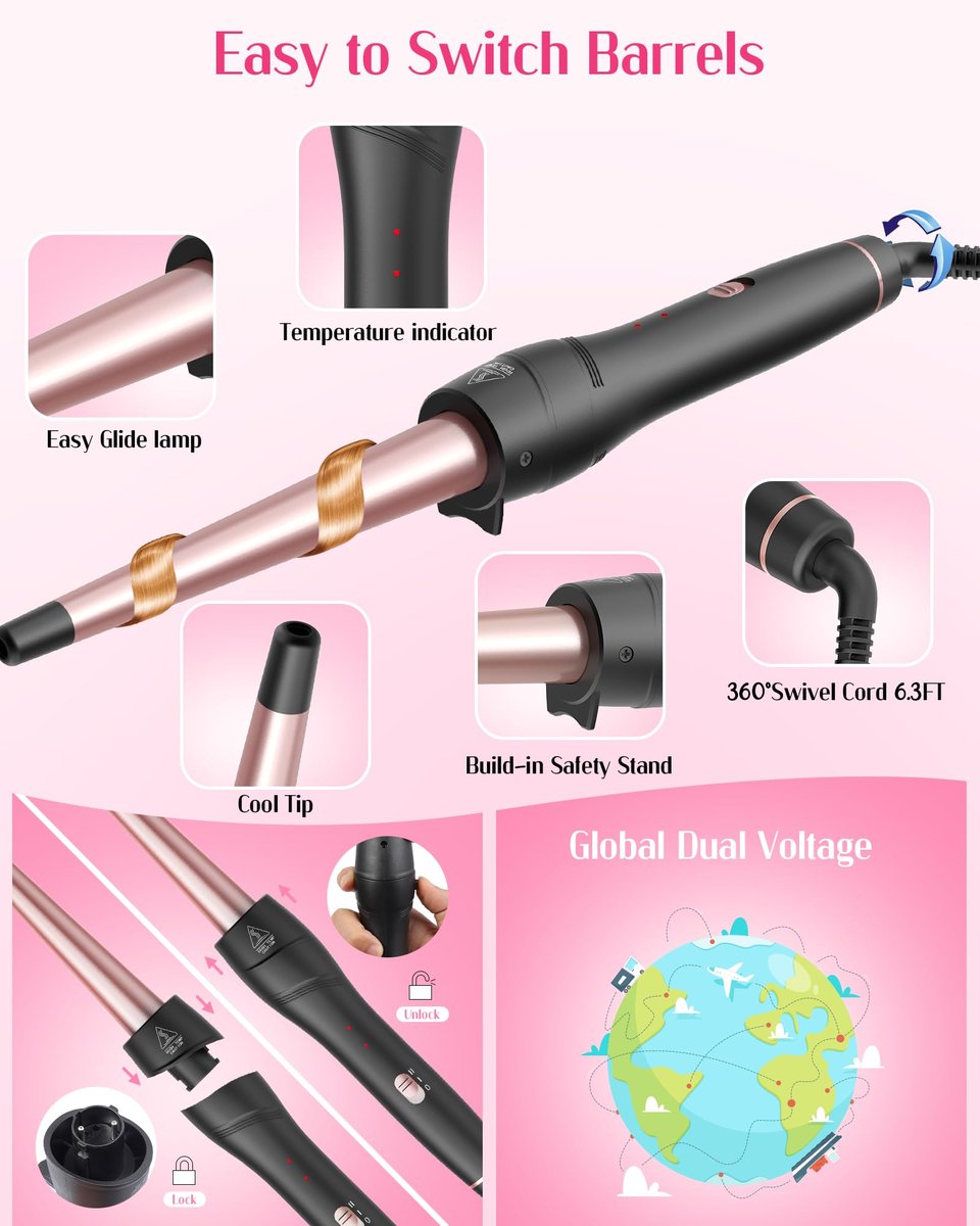 ANIEKIN 5 in 1 Curling Iron Set – Fast Heat Up Curling Wand with 4 Interchangeable Barrels (3/8 to 1 1/4 Inch) & Thermal Brush, Dual Voltage, Rose Gold – for All Hair Types, Travel & Gifts for Women Avelisse
