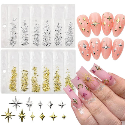 400Pcs Star Nail Charms - 3D Gold and Silver Metallic Star Studs with Rhinestones for Nail Art, Acrylic Manicure Salon Kit