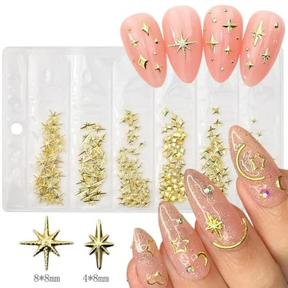400Pcs Star Nail Charms - 3D Gold and Silver Metallic Star Studs with Rhinestones for Nail Art, Acrylic Manicure Salon Kit