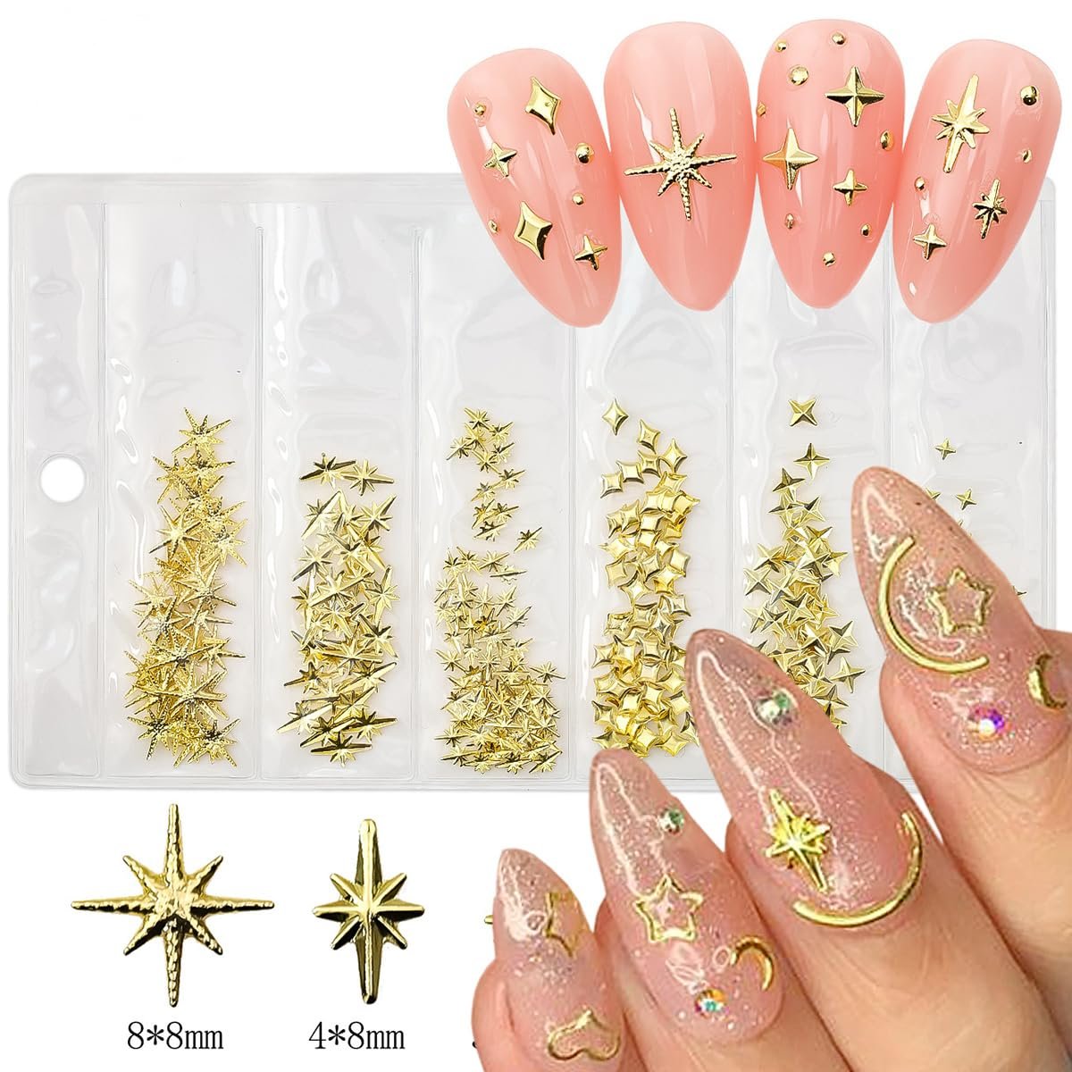 400Pcs Star Nail Charms - 3D Gold and Silver Metallic Star Studs with Rhinestones for Nail Art, Acrylic Manicure Salon Kit - görsel 7