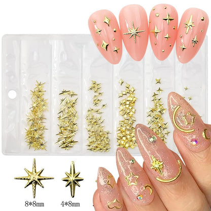 400Pcs Star Nail Charms - 3D Gold and Silver Metallic Star Studs with Rhinestones for Nail Art, Acrylic Manicure Salon Kit