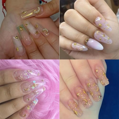 400Pcs Star Nail Charms - 3D Gold and Silver Metallic Star Studs with Rhinestones for Nail Art, Acrylic Manicure Salon Kit - görsel 6