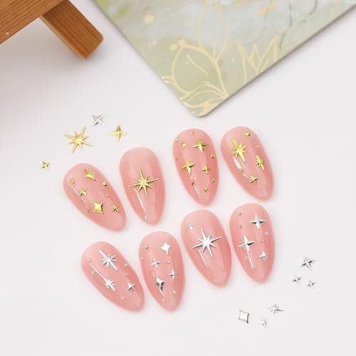 400Pcs Star Nail Charms - 3D Gold and Silver Metallic Star Studs with Rhinestones for Nail Art, Acrylic Manicure Salon Kit - görsel 4