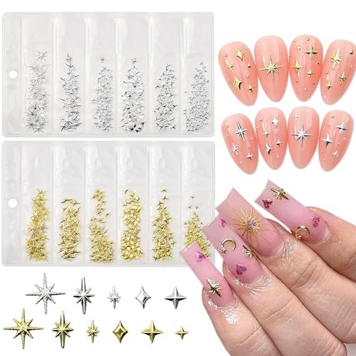 400Pcs Star Nail Charms - 3D Gold and Silver Metallic Star Studs with Rhinestones for Nail Art, Acrylic Manicure Salon Kit - görsel 2