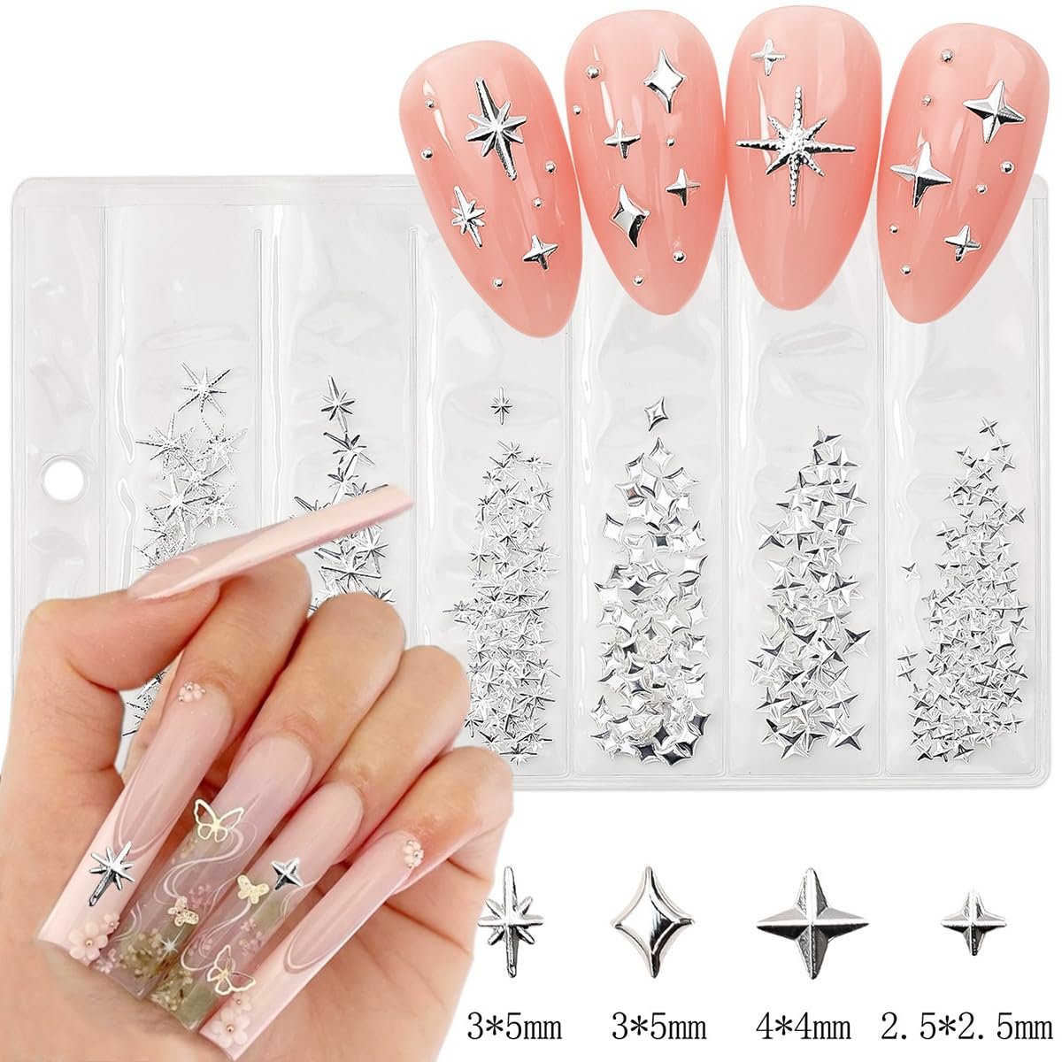 400Pcs Star Nail Charms - 3D Gold and Silver Metallic Star Studs with Rhinestones for Nail Art, Acrylic Manicure Salon Kit - görsel 9