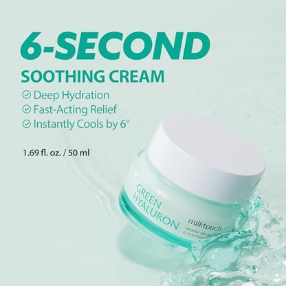 MILKTOUCH Green Hyaluron 6-Second Soothing Cream - Hydrating Gel Moisturizer for Sensitive, Dry, Oily Skin - Reduces Redness, Irritation, Fine Lines - Centella Asiatica & Hyaluronic Acid 1.69 Fl Oz