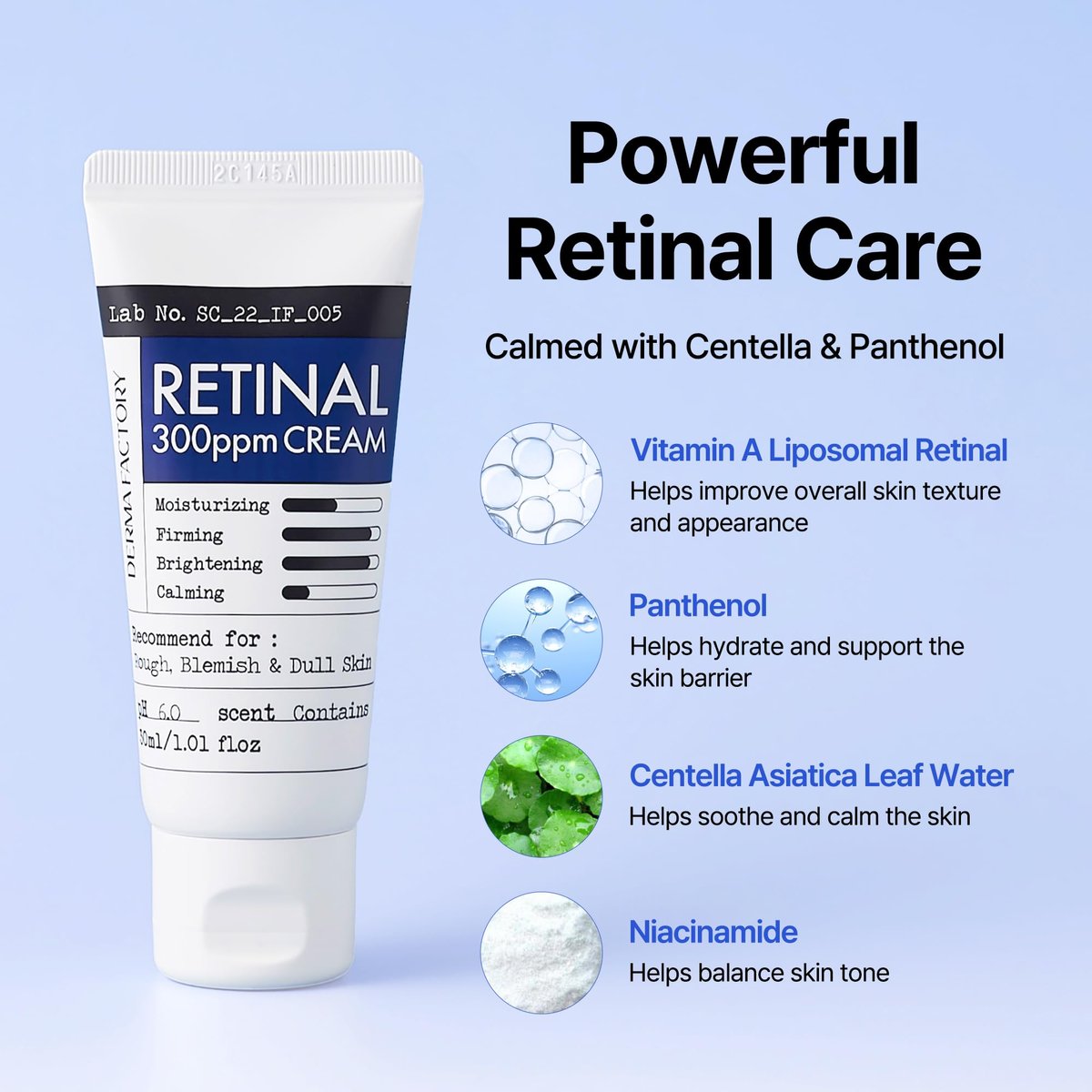 DERMA FACTORY Retinal Night Cream for Face - Vitamin A Moisturizer with Centella, Niacinamide & Panthenol - Helps Improve Fine Lines, Texture & Firmness - 1.01 fl oz Avelisse